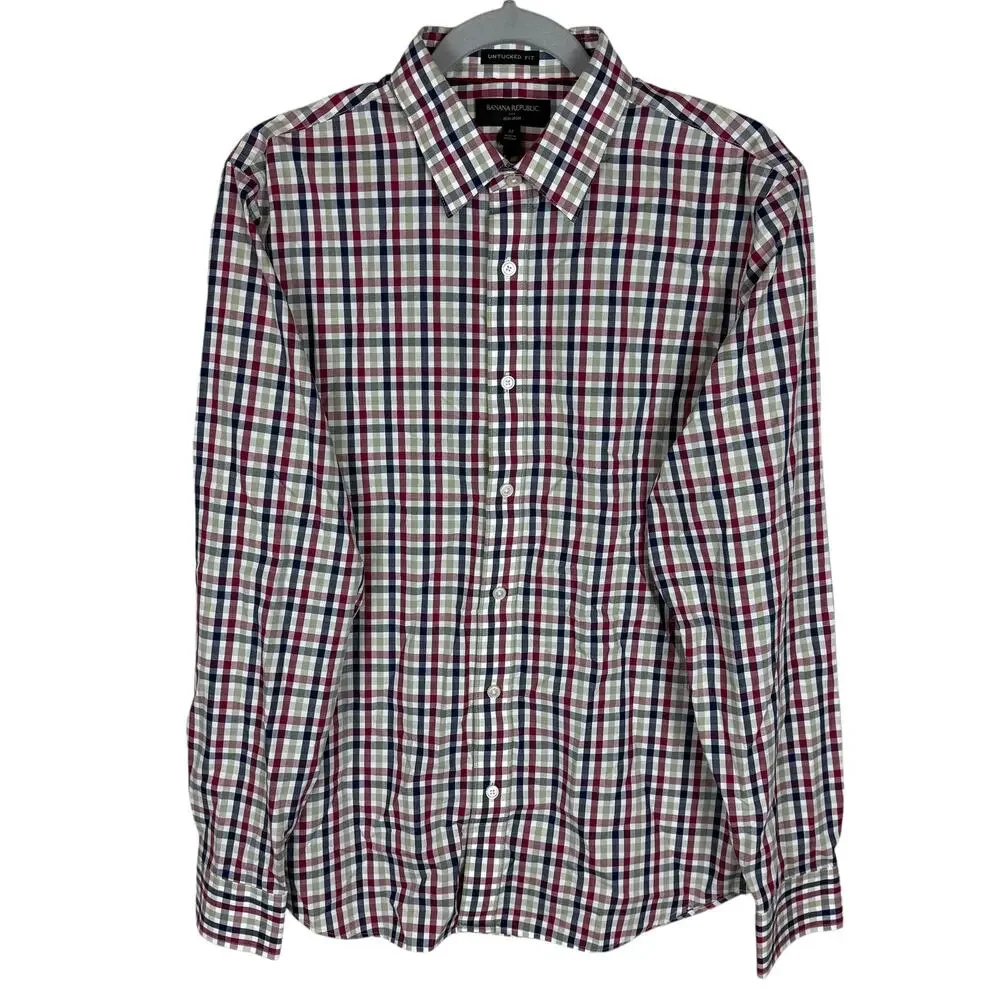 Banana Republic Plaid Shirt Men's M Red Blue Untucked Fit Non-Iron‎ Button-Up